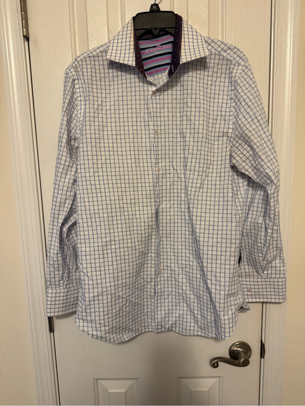 Michelson London Men's White Dress Shirt with Light Blue Windowpane Check